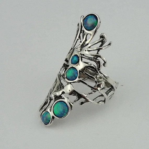 Stunning Long Sterling Silver Opal Ring (h 1588b