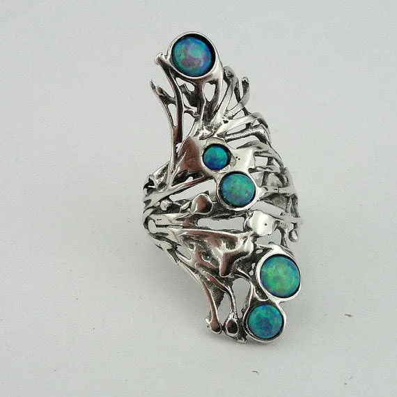 Stunning Long Sterling Silver Opal Ring (h 1588b