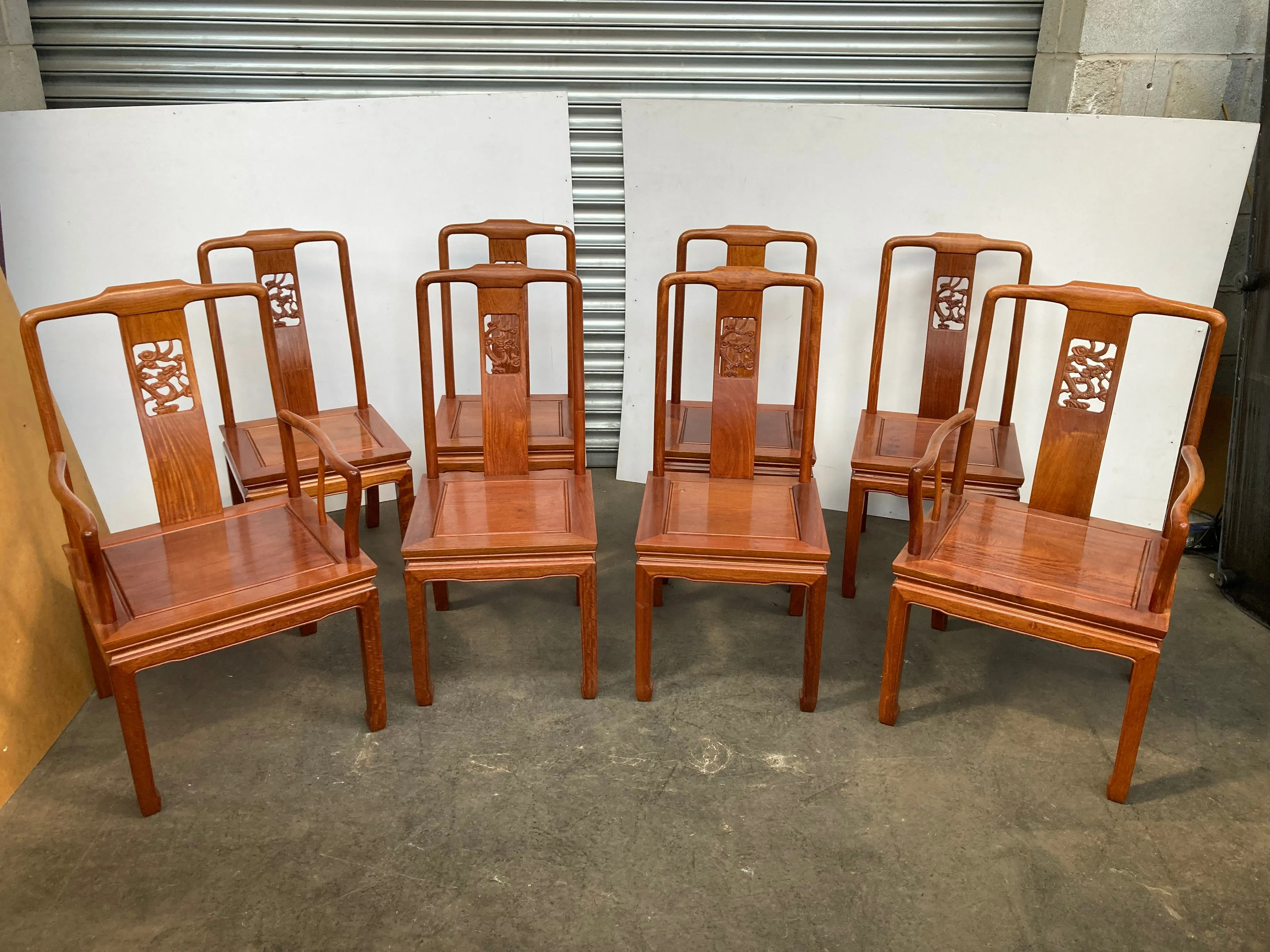 Stunning set of 8 Chinese rosewood dragon design dining chairs