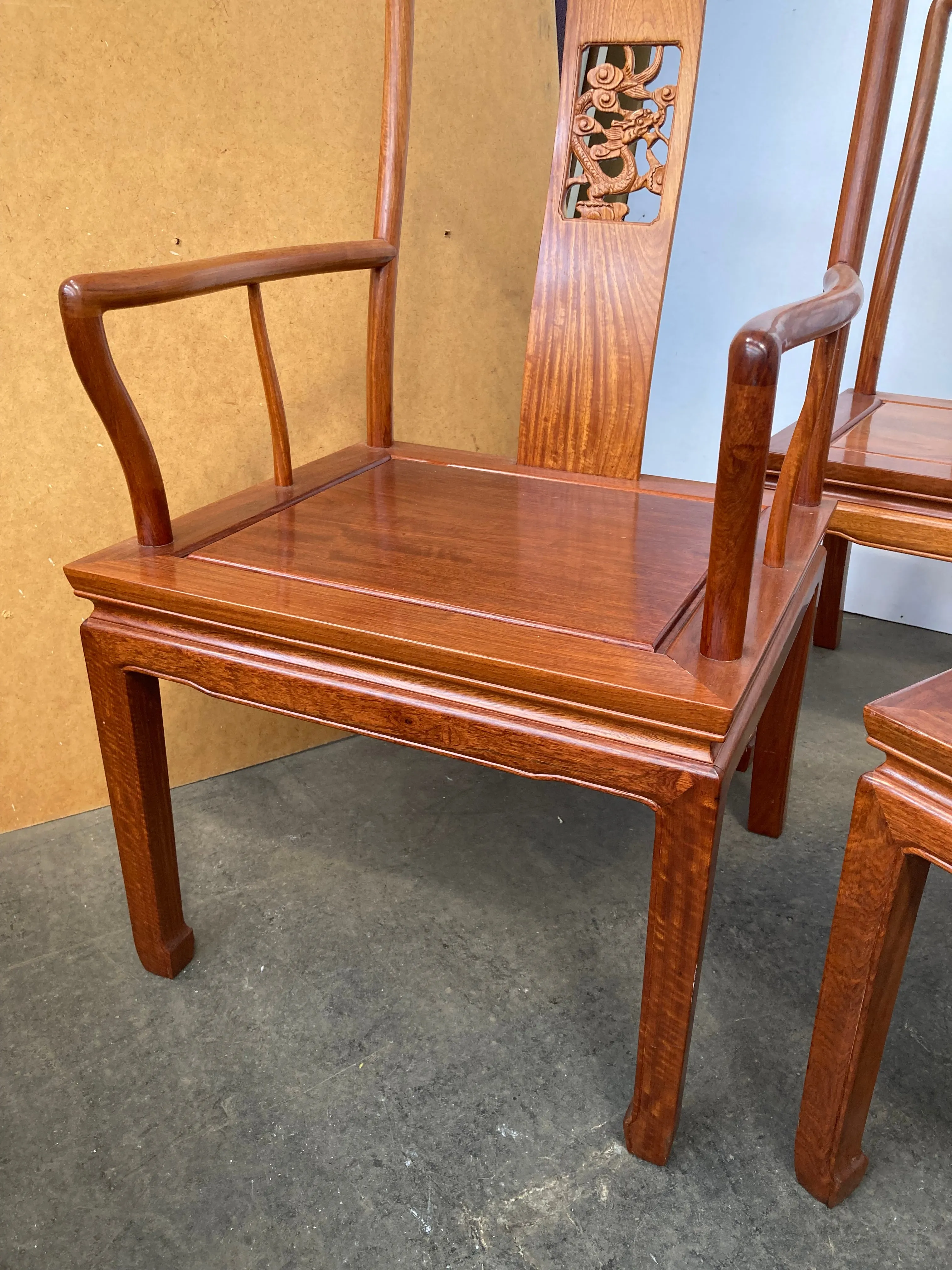 Stunning set of 8 Chinese rosewood dragon design dining chairs