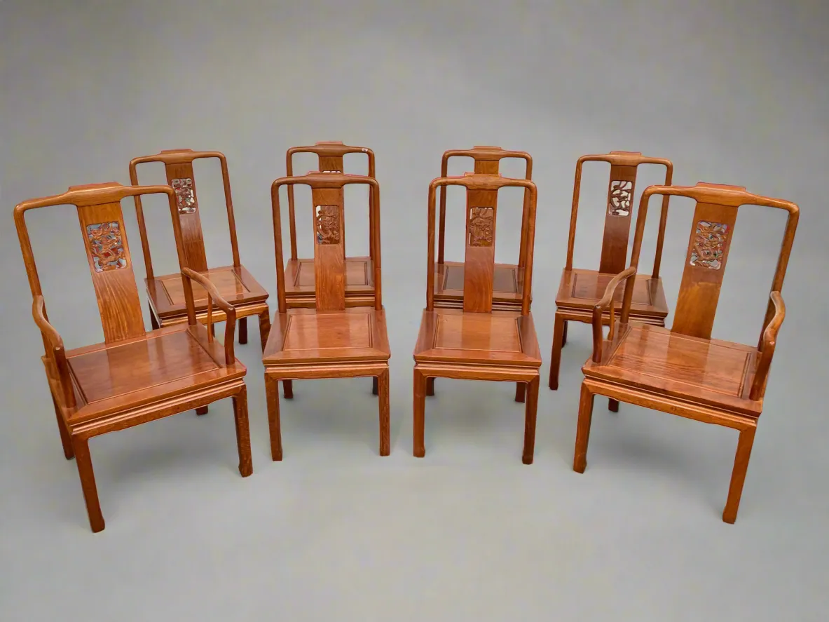 Stunning set of 8 Chinese rosewood dragon design dining chairs