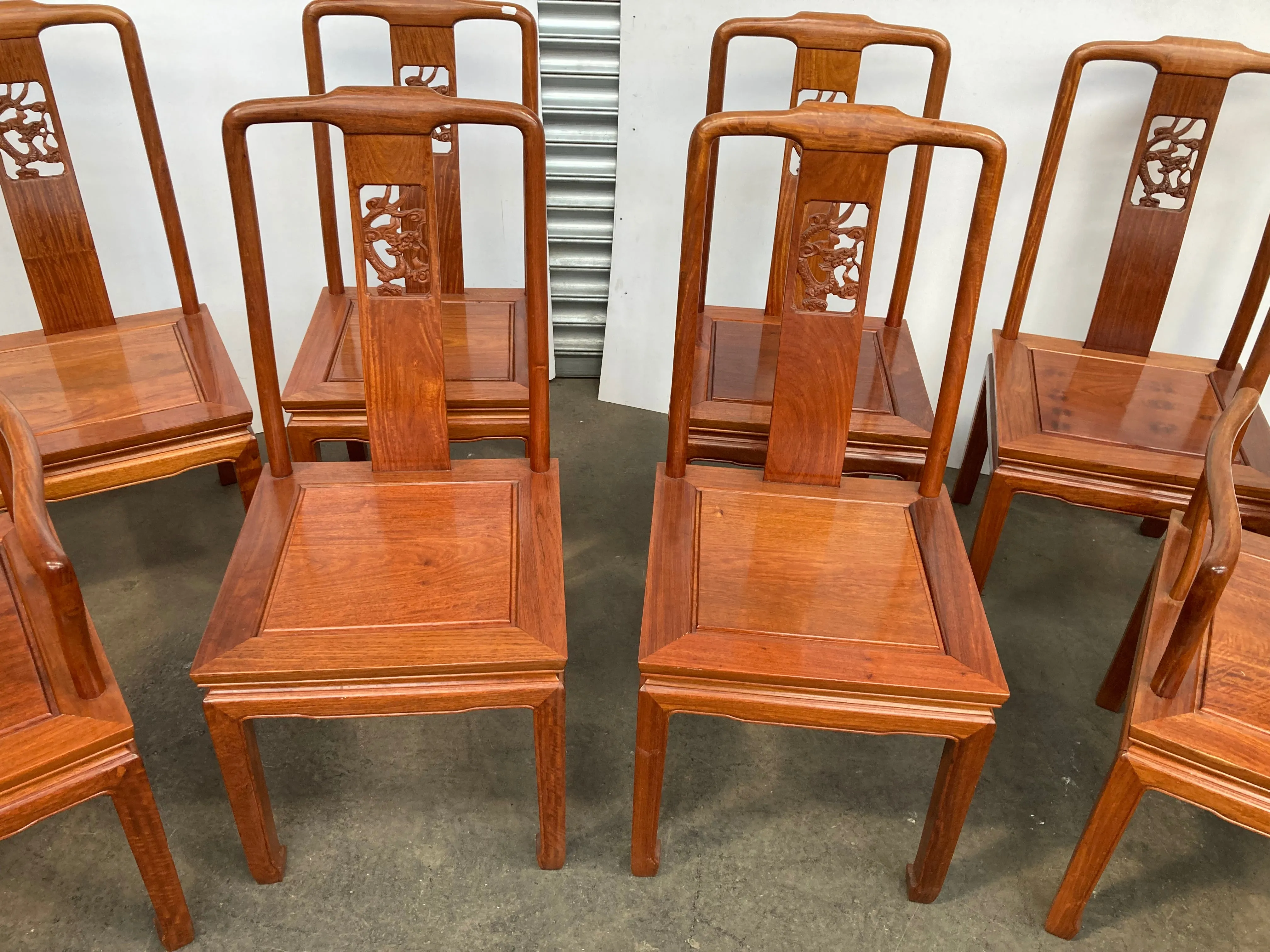 Stunning set of 8 Chinese rosewood dragon design dining chairs