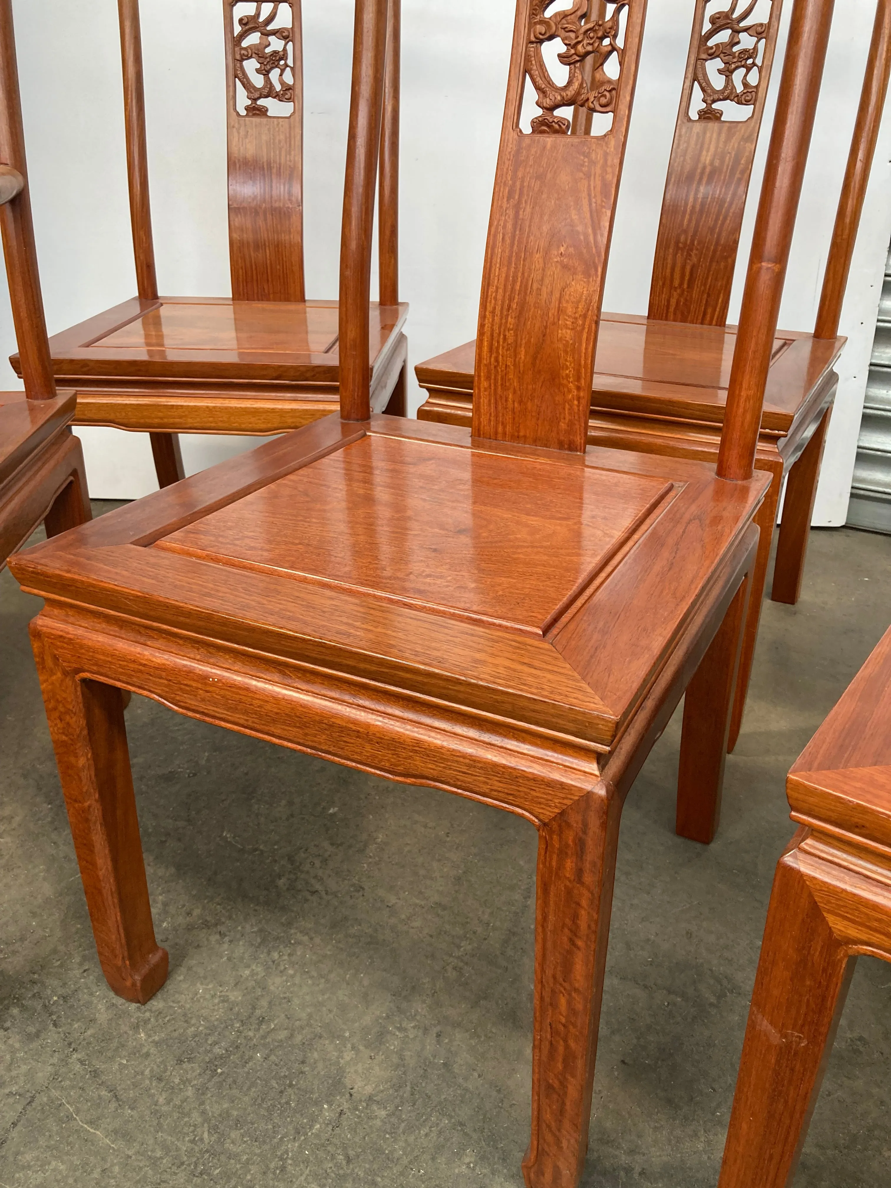 Stunning set of 8 Chinese rosewood dragon design dining chairs