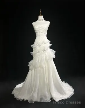 Stunning White Strapless Mermaid Organza Long Prom Dress Simple Wedding Dress