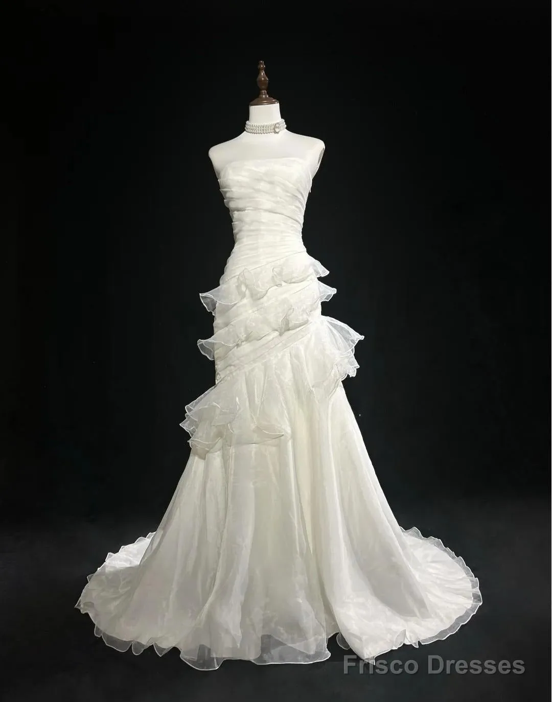 Stunning White Strapless Mermaid Organza Long Prom Dress Simple Wedding Dress