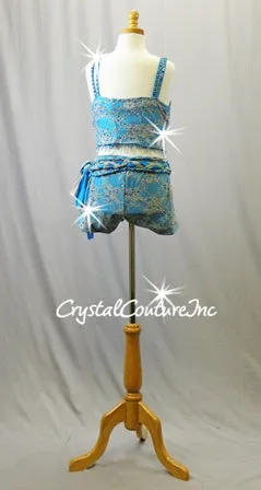 Turquoise Blue with Grey Lace Crop Top and Booty Shorts - Swarovski Rhinestones