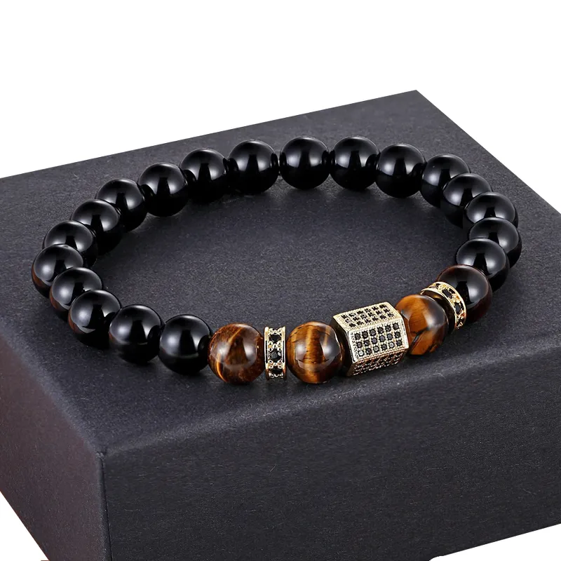 Vintage Cubic Zircon Bracelet for Men / Matte Onyx Stone and Tiger Eye Combination Jewelry