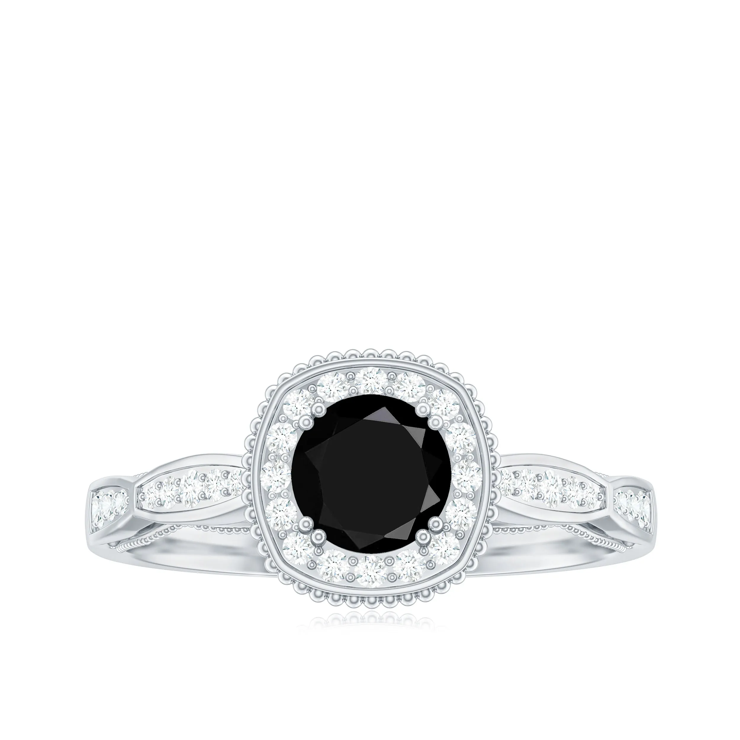 Vintage Inspired Black Onyx Engagement Ring with Diamond Halo