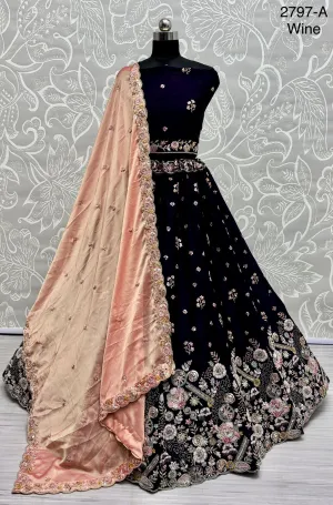 Wine Bridal Silk Lehenga with Stunning Embroidery and Stone Work
